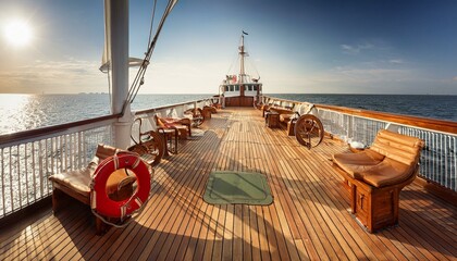 Obraz premium Golden hour on a ship's deck. Luxury travel.