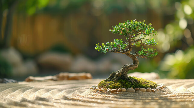 Tranquil Zen Garden Scene with Bonsai Tree