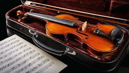 Violin in its case with sheet music nearby.