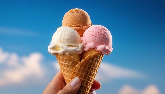 Triple scoop ice cream cone on a sunny day! - Powered by Adobe