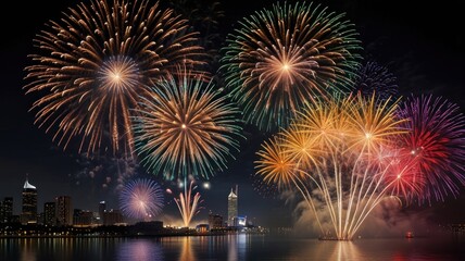 Fototapeta premium Vibrant fireworks display over cityscape at night, reflecting on water.