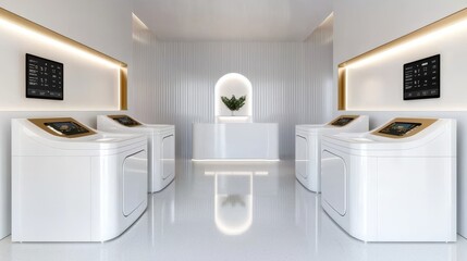 Sleek communal laundry area with modern tech, clear digital screens showing remaining time, low noise machines, sustainable, user-friendly layout