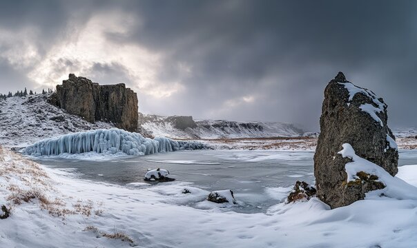 An overcast sky with snow on the ground and ice formations around the Goafoss waterfall in wintertime.