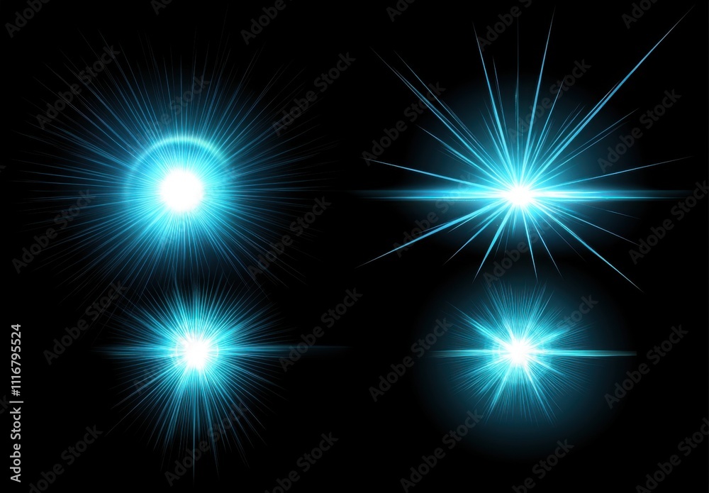 Aufkleber set of glowing light effects with a blue star and lens flare on a black background. design elements 