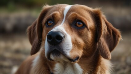 Close-up portrait of a brown and white dog with expressive eyes, looking attentively.