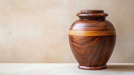 Funeral urn, handcrafted wood with polished finish, placed on a light beige surface with large copy space above