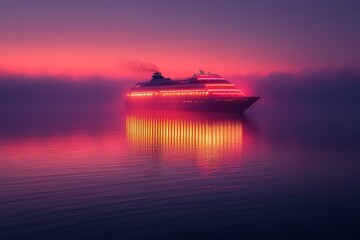  Cruise ship illuminated at sea during vibrant sunset, perfect vacation escape poster or travel brochure cover