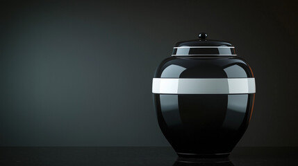 Funeral urn, jet black ceramic with a single white stripe, positioned on a polished ebony surface with ample copy space to the left