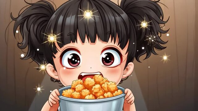Adorable manga illustration of a kawaii girl delighting in a bucket of chicken, in chibi style.