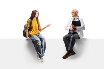Fototapeta premium Female teenager sitting on a panel and talking to a doctor