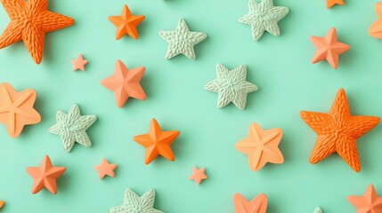 Obraz premium A playful textured design featuring orange and coral stars on a pastel mint green background, varying between solid and outlined shapes for a whimsical effect.