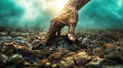 Obraz premium A poignant image depicting humanity's struggle: a weathered hand reaching upward through cracked, dry soil, symbolizing the fight against adversity and survival.
