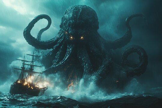 Gigantic Kraken Attacks Burning Sailing Ship In Stormy Sea