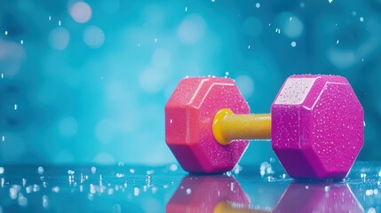 Bright hues of dumbbells glisten with water drops, set against a blurred backdrop to inspire fitness and vitality.