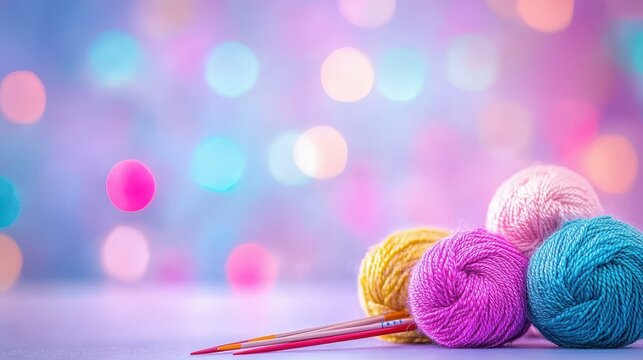 Vibrant yarn balls paired with sleek knitting needles create a stunning scene, perfect for craft enthusiasts and creatives alike.