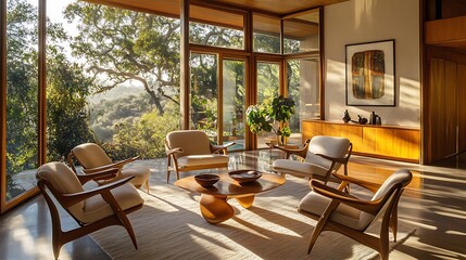 Fototapeta premium A modern living room with large windows, elegant furniture, and natural light.