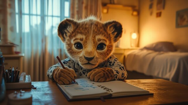 A small lion cub at a desk, wearing a shirt with paw patterns, resting its chin on one paw while writing in a notebook. Softly lit cozy room with bed and curtains in the background.