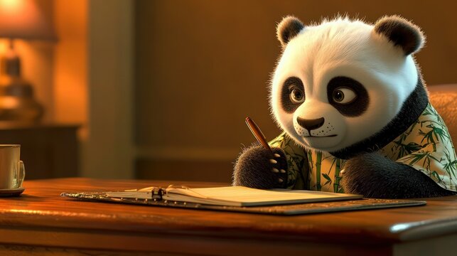 A small panda sitting at a desk, wearing a bamboo-patterned shirt, resting its chin on one paw, holding a pen with the other, focused on a notebook. Warm room with soft lighting.
