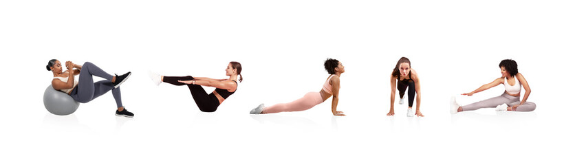 Obraz premium Five women demonstrate different fitness exercises in a gym setting. Activities include using a stability ball, core workouts, yoga poses, and stretching routines.