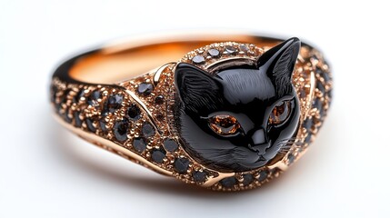Naklejka premium Elegant Black Cat Gemstone Gold Ring