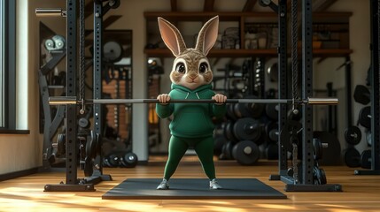 A sporty bunny in a green hoodie and leggings, gripping a barbell at a squat rack, with polished wooden floors and gym equipment neatly arranged behind.