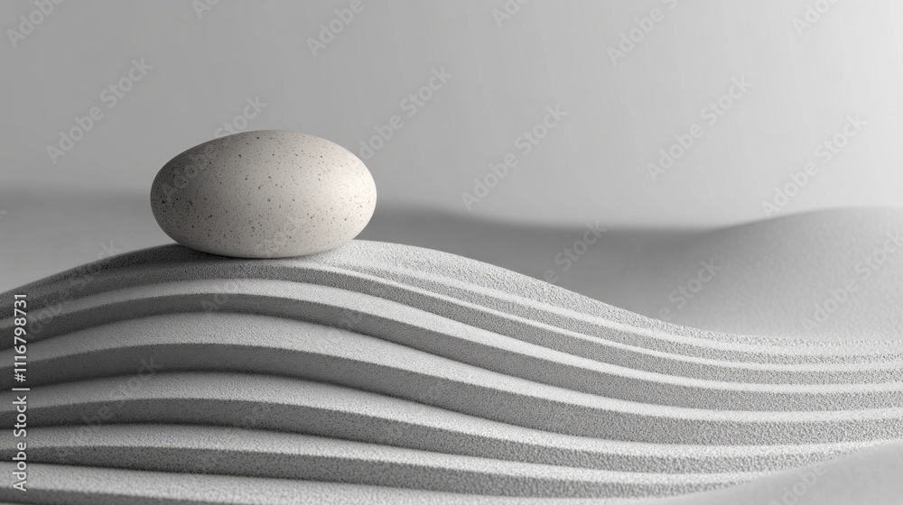 Poster serene sand waves create a calming atmosphere, while a smooth stone rests atop a gentle ridge, invit