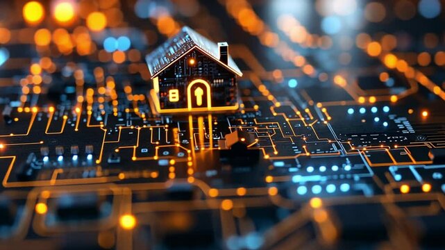 Digital home concept depicted on a circuit board with glowing elements in soft focus background