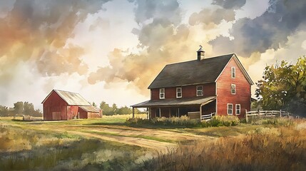 Fototapeta premium A serene rural landscape featuring a red farmhouse and barn under a dramatic sky.