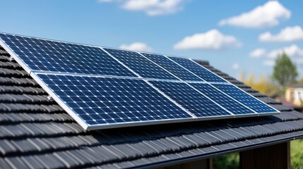 Fototapeta premium Solar panel installation on rooftop for sustainable energy solutions in urban environment bright daylight perspective