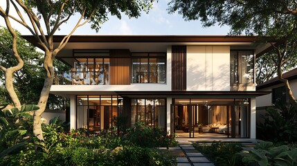 Fototapeta premium Modern two-story house surrounded by lush greenery and a well-designed garden.