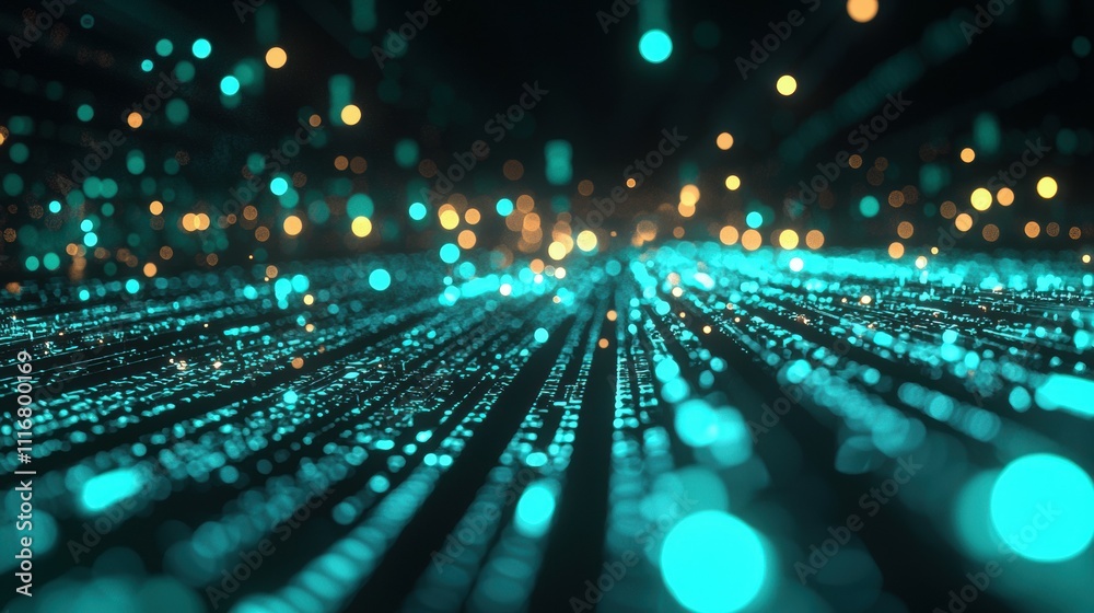Poster streaming glowing green binary patterns in a futuristic digital cyber environment