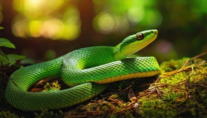 Fototapeta premium green snake warming in the sun on the forest ground . 