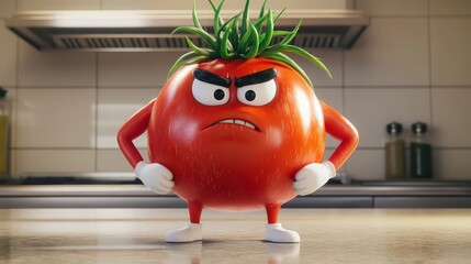 A vibrant cartoon-style tomato character with glossy red skin, wild green stem hair, and furrowed black eyebrows. It stands with white-gloved hands on its hips and a stern expression.
