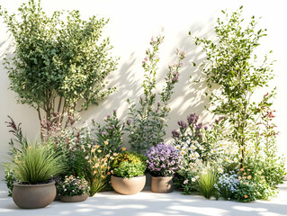 Fototapeta premium 3D Render of a Lush Garden Scene with Potted Plants and Flowers against a White Wall