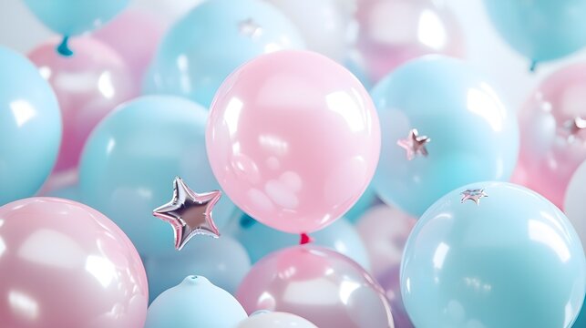 Pastel baby shower setting, soft balloons and stars, dreamy atmosphere