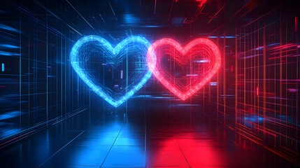 Futuristic Neon Hearts in a Digital Space, Symbolizing Love and Connection in a Sci-Fi Environment with Glowing Lines and Abstract Patterns