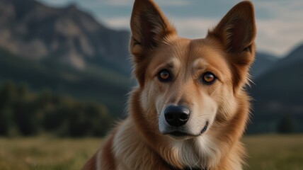 Reddish-brown dog portrait, mountain background.