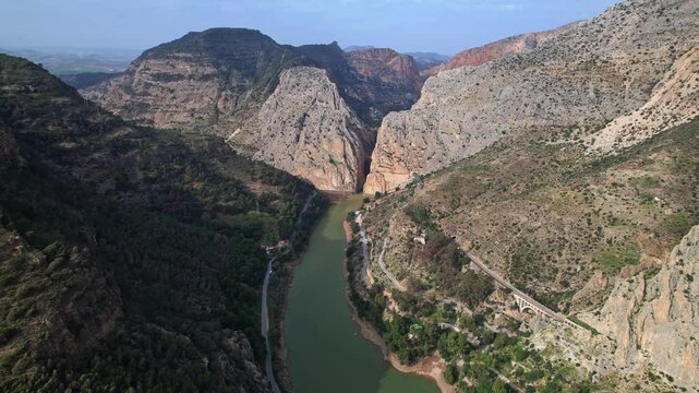 Caminito del Rey aerial views of a majestic canyon in spanish mountains of Andalusia Spain