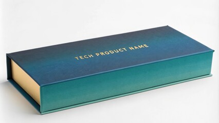 Closed turquoise and gold box with a gradient effect, showcasing a tech product name in gold lettering, placed on a white background, creating a luxurious and modern presentation