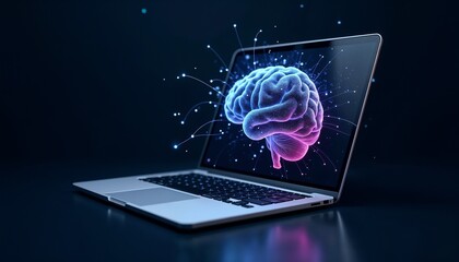 A glowing digital brain hologram appears on a laptop screen, symbolizing technology and artificial intelligence innovations. The scene is set in a dark, futuristic environment.

