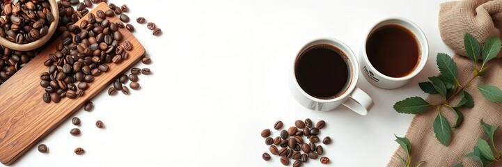 Coffee beans scattered on a white surface with a subtle coffee cup in the background, coffee table, food photography