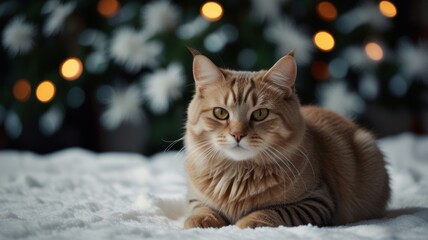 Ginger cat lying on snow, Christmas lights bokeh background.