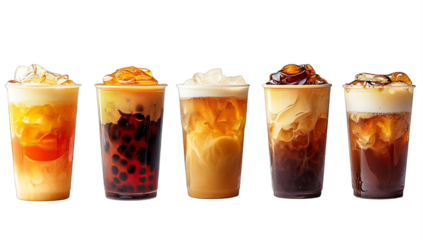 bubble tea, assorted flavors, vibrant colors, iced beverages, milk tea with tapioca pearls, high detail, bright lighting, white background
