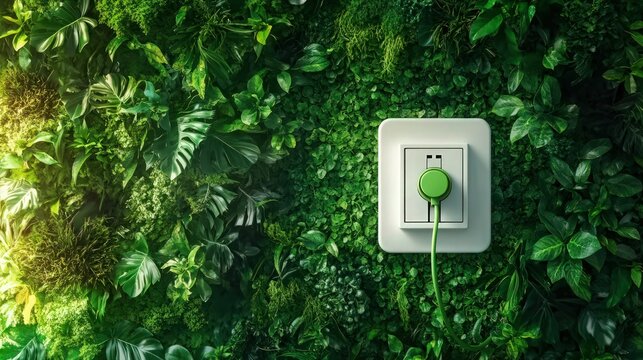 A white electrical outlet with a green plug and wire, nestled in a green wall filled with lush foliage, representing a sustainable and environmentally-friendly energy source.