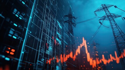 A futuristic view of power transmission lines with digital data visualization, highlighting the integration of technology and energy.