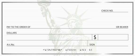 Blank stimulus bank check template. Fake checkbook mockup.