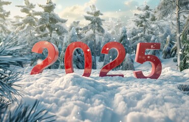 Large red numbers 2025 covered in snow stand in snowy forest landscape. Evergreen trees seen in background. Winter scene with snow falling. Photo for new year 2025, holiday season, winter wonderland,