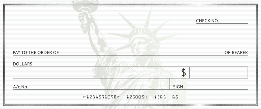 Blank stimulus bank check template. Fake checkbook mockup.