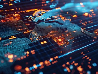 Obraz premium Illuminated digital world map, glowing data points.