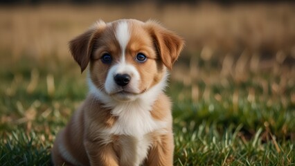 Adorable puppy with blue eyes sitting in grass.